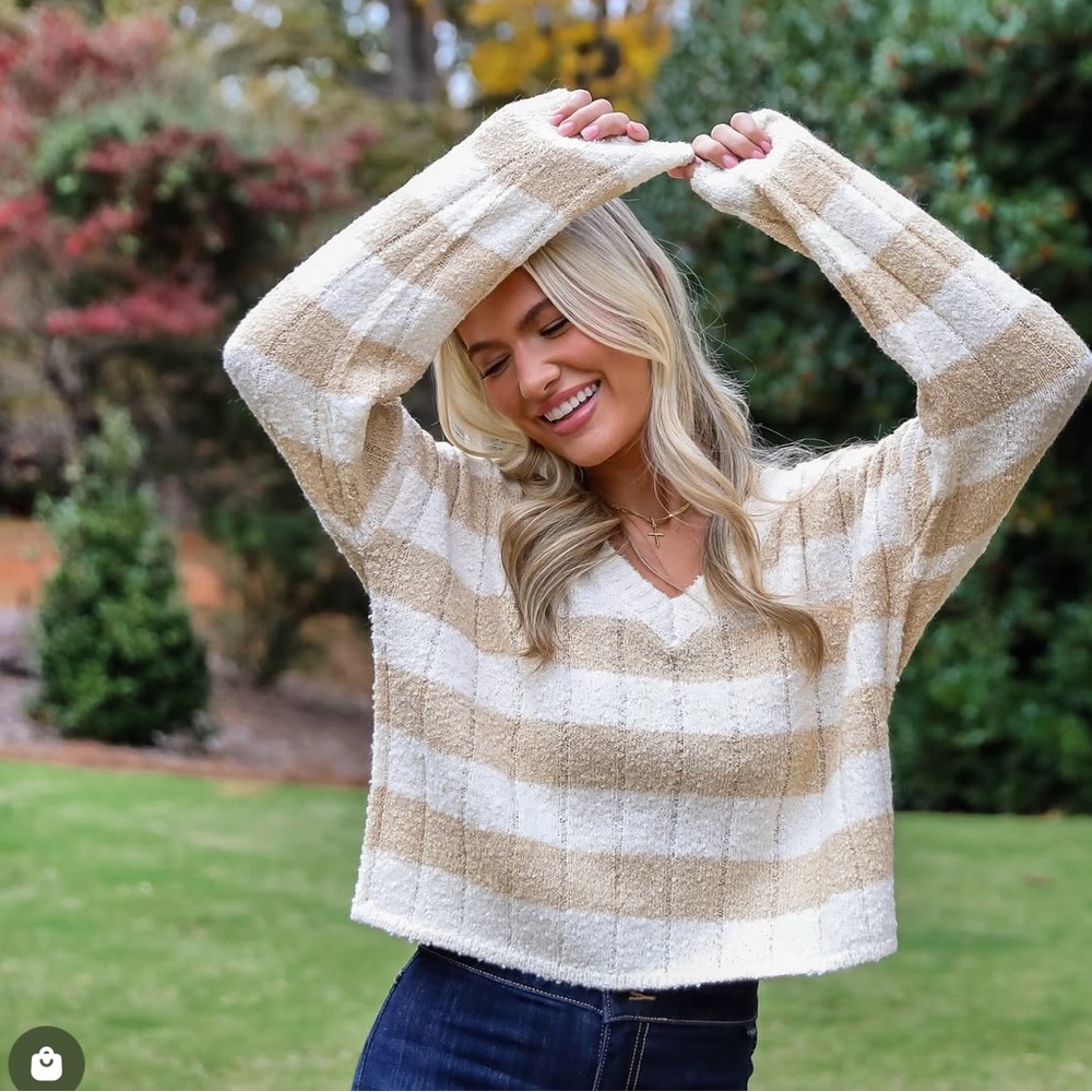 Pacsun V-Neck Sweater - Cream and Tan Stripes